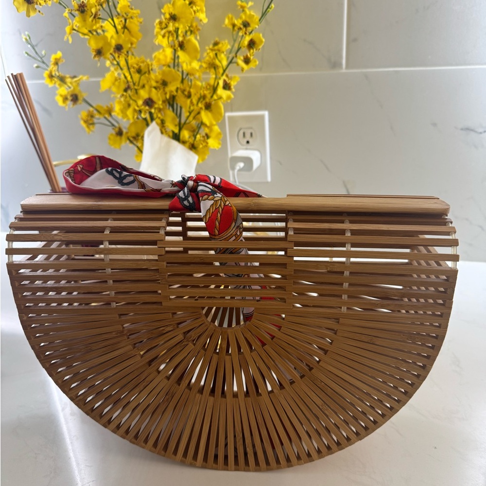 Bamboo Half-Moon Bag with Red Accent